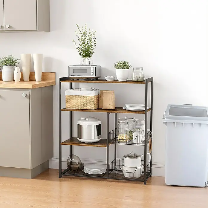 Regal Küchenregal - H x B x T: 95 x 80 x 35 cm, Anzahl Böden: 3 Stk., Schwarz/Braun - Küchenregal mit dunklem Metallrahmen und Holzoptik-Ablagen, zur Organisation von Geräten, Geschirr und Lebensmitteln.