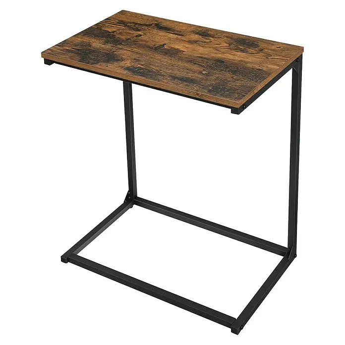 Beistelltisch - L x B x H: 35 x 55 x 55 cm, Schwarz/Braun - C-förmiger Beistelltisch mit rustikaler dunkelbrauner Holzplatte und schwarzem Metallgestell.