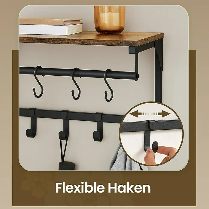 Garderobenpaneel - L x B x H: 24 x 40 x 24 cm, Schwarz/Braun - Wandregal aus Holz mit schwarzem Metallrahmen und zwei Schienen mit flexiblen, verstellbaren Haken.