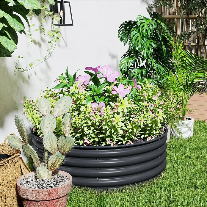 Outsunny Hochbeet mit 1 Paar Handschuhe - 120 x 120 x 43 cm, Stahl, Dunkelgrau