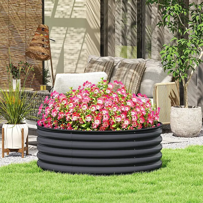 Outsunny Hochbeet mit 1 Paar Handschuhe - 120 x 120 x 43 cm, Stahl, Dunkelgrau