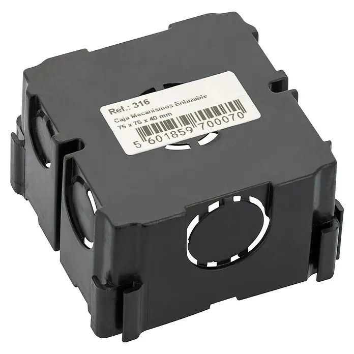 Caja de empotrar - L x An x Al: 75 x 75 x 42 mm, Número de entradas de cables: 6 ud., 1 ud. - Caja de mecanismos de plástico negro enlazable, 75x75x40 mm, para instalaciones eléctricas.