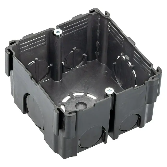 Caja de empotrar - L x An x Al: 75 x 75 x 42 mm, Número de entradas de cables: 6 ud., 1 ud. - Caja de empalmes eléctrica de plástico negro con tornillos de montaje internos y entradas de cable preperforadas.