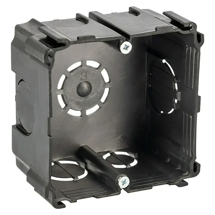Caja de empotrar - L x An x Al: 75 x 75 x 42 mm, Número de entradas de cables: 6 ud., 1 ud. - Caja de empotrar eléctrica de plástico gris oscuro, abierta, mostrando estructura interna y fijaciones.