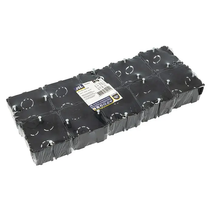 Caja de empotrar - L x An x Al: 75 x 75 x 42 mm, Número de entradas de cables: 6 ud., 10 ud. - Paquete de 10 cajas de empalme eléctricas negras de plástico enlazables, 75x75x40mm.