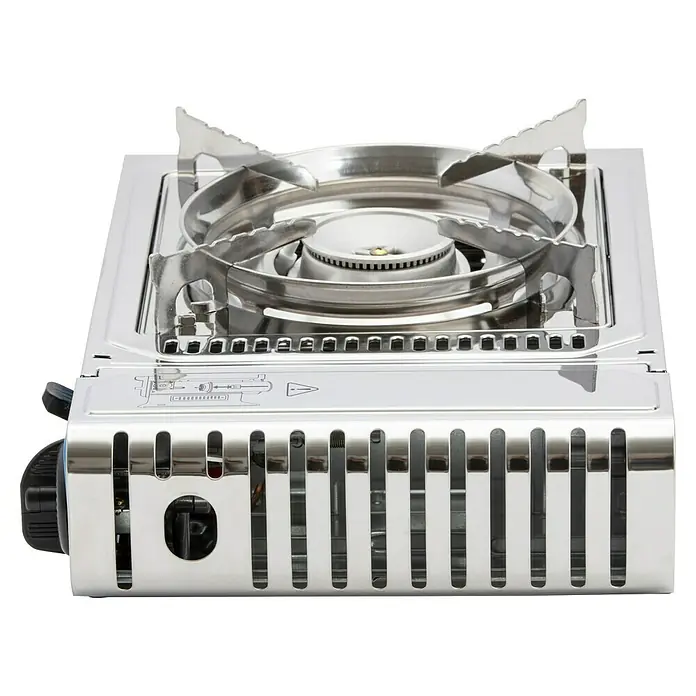 Campingaz Gaskocher Camp Bistro DLX - L x B x H: 285 x 370 x 125 mm, Leistung: 2.120 W, Ohne Stopgaz-System - Silberner tragbarer Gaskocher aus Edelstahl mit einem Brenner und Drehregler.