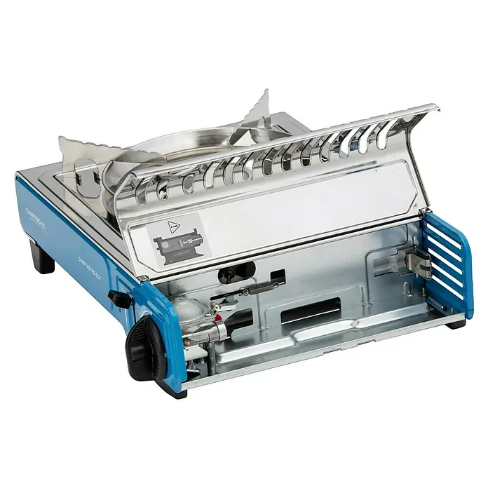 Campingaz Gaskocher Camp Bistro DLX - L x B x H: 285 x 370 x 125 mm, Leistung: 2.120 W, Ohne Stopgaz-System - Ein blauer und silberner tragbarer Campingaz Gaskocher, geöffnet mit Blick auf Brenner und Gaskartuschenfach.