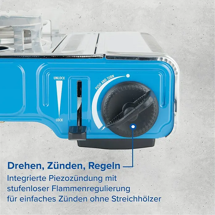 Campingaz Gaskocher Camp Bistro DLX - L x B x H: 285 x 370 x 125 mm, Leistung: 2.120 W, Ohne Stopgaz-System - Blauer Campingkocher mit schwarzem Drehregler für Piezozündung und stufenlose Flammenregulierung.