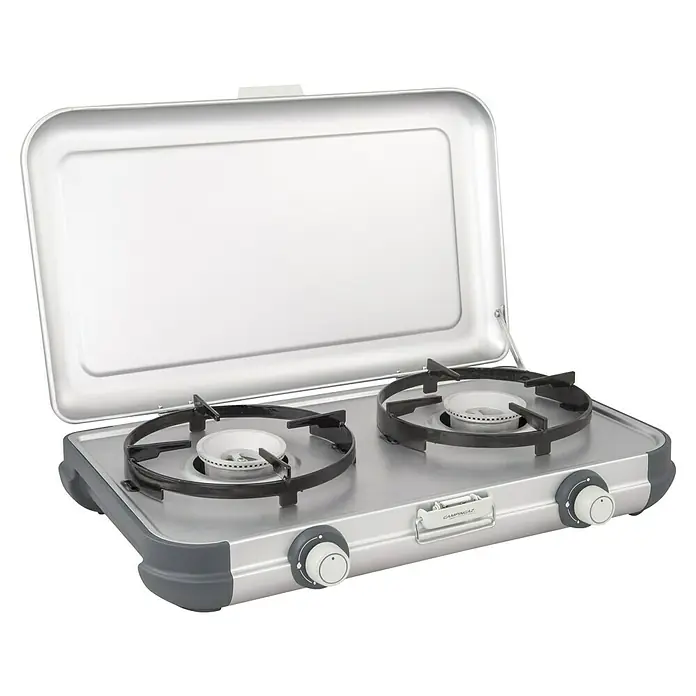 Campingaz Gaskochfeld Kitchen 2 - 2 Brenner, 2.000 W, L x B x H: 35 x 49 x 10 cm - Silber-grauer, tragbarer Gaskocher mit zwei Brennern, Klappdeckel geöffnet.