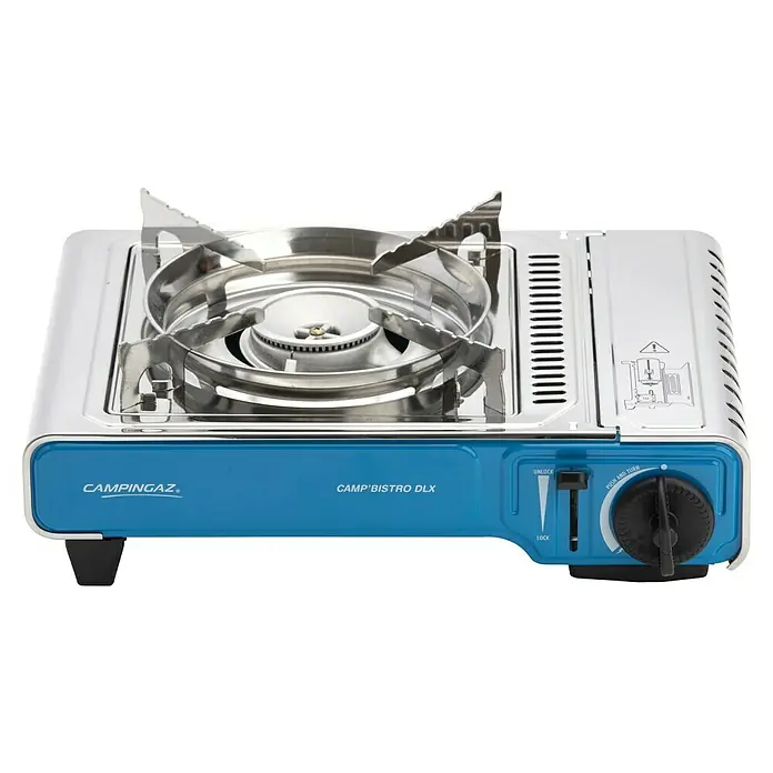 Campingaz Gaskocher Camp Bistro DLX - L x B x H: 285 x 370 x 125 mm, Leistung: 2.120 W, Ohne Stopgaz-System - Blauer und silberner tragbarer Camping-Gaskocher mit Brenner, Topfauflagen und Drehregler.
