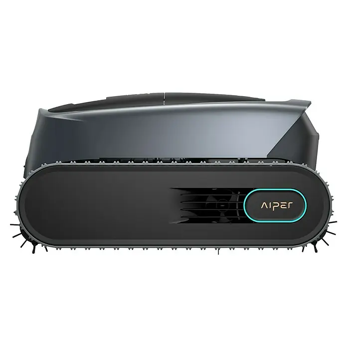 Aiper Poolroboter Scuba V3 - Akkubetrieben, Passend für: Pools bis 150 m², Filterleistung: 18.000 l/h - Eleganter dunkelgrau-schwarzer Reinigungsroboter mit Kettenantrieb und beleuchtetem Aiper-Logo.