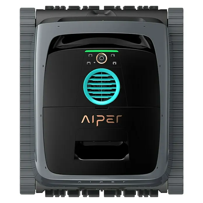 Aiper Poolroboter Scuba V3 - Akkubetrieben, Passend für: Pools bis 150 m², Filterleistung: 18.000 l/h - Draufsicht auf einen dunkelgrauen und schwarzen Roboterreiniger mit Ketten, einer türkisfarbenen runden Lüftungsöffnung und goldenem 'AIPER'-Logo. Bedienelemente mit Ein-/Ausschalter sichtbar.