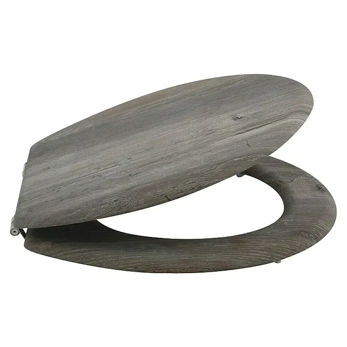 Tapa de WC Blue ridge - MDF, Natural oscuro, Sin caída amortiguada - Asiento de inodoro gris con aspecto de madera, parcialmente abierto.