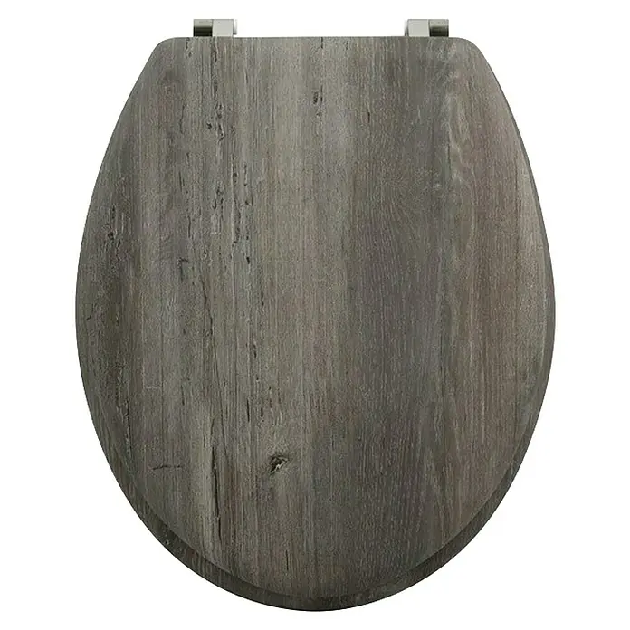 Tapa de WC Blue ridge - MDF, Natural oscuro, Sin caída amortiguada - Asiento de inodoro gris con textura de madera y bisagras plateadas.