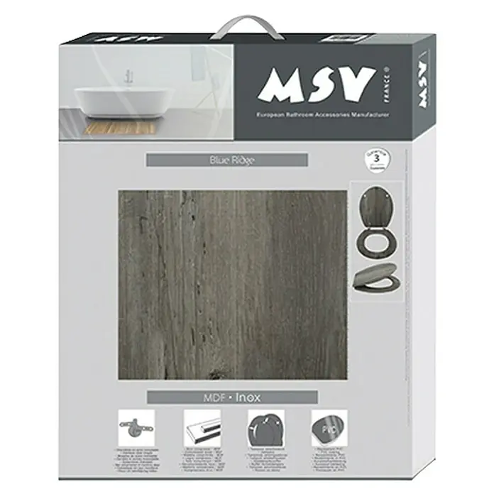 Tapa de WC Blue ridge - MDF, Natural oscuro, Sin caída amortiguada - Asiento de inodoro MSV Blue Ridge, acabado de madera gris, de MDF y acero inoxidable. Accesorio de baño.