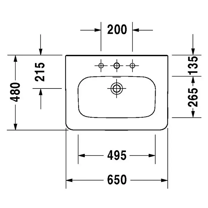 Duravit DuraStyle Waschtisch Typ 1 - 65 x 48 cm, Ohne Spezialglasur, Hahnloch: Mitte, Mit Überlauf, Weiß - Schema eines Waschbeckens mit Maßen. Die Abmessungen sind in Millimetern angegeben.