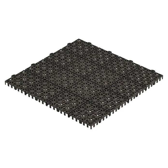 Loseta con sistema click - Polipropileno reciclado, 30 x 30 x 1,2 cm, Marrón, 1 ud. - Baldosas modulares entrelazadas de color gris oscuro con una superficie de rejilla abierta y estampada.
