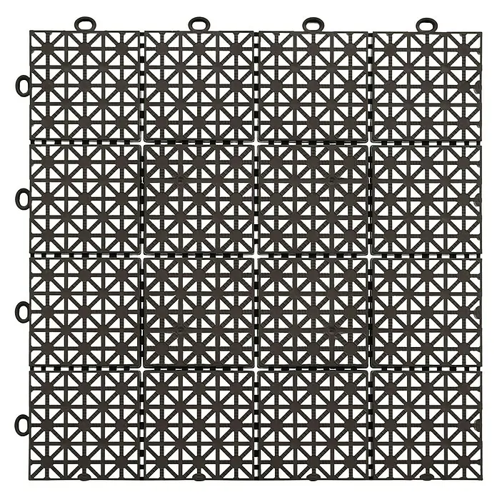Loseta con sistema click - Polipropileno reciclado, 30 x 30 x 1,2 cm, Marrón, 1 ud. - Baldosas modulares de plástico gris oscuro entrelazadas con patrón de rejilla y bucles de conexión.