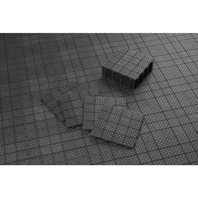 Loseta con sistema click - Polipropileno reciclado, 30 x 30 x 1,2 cm, Marrón, 1 ud. - Baldosas modulares interconectables de color gris oscuro con patrón de cuadrícula, algunas colocadas, otras apiladas para su instalación.