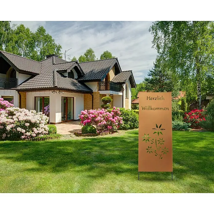 Jabo-Design Deko-Schild - Mit Dekor, Edelrost - Gartenstecker "Herzlich Willkommen" aus Metall mit floralem Muster, eine dekorative Gartendekoration für den Eingangsbereich.