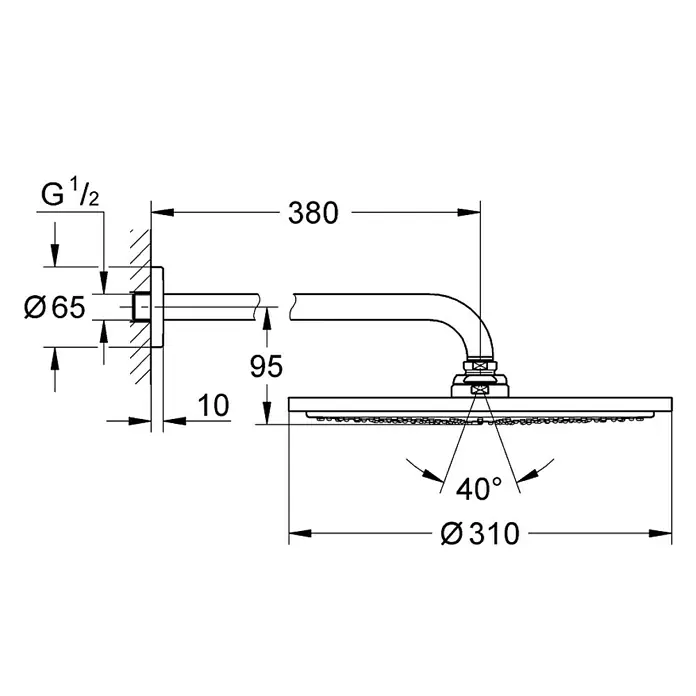 Grohe Rainshower Cosmopolitan 310 Kopfbrausen-SetDurchmesser: 31 cm, 9,5 l/min, Wandmontage, Warm Sunset gebürstet - Technische Zeichnung einer Kopfbrause mit Maßangaben für Installation und Dimensionen.