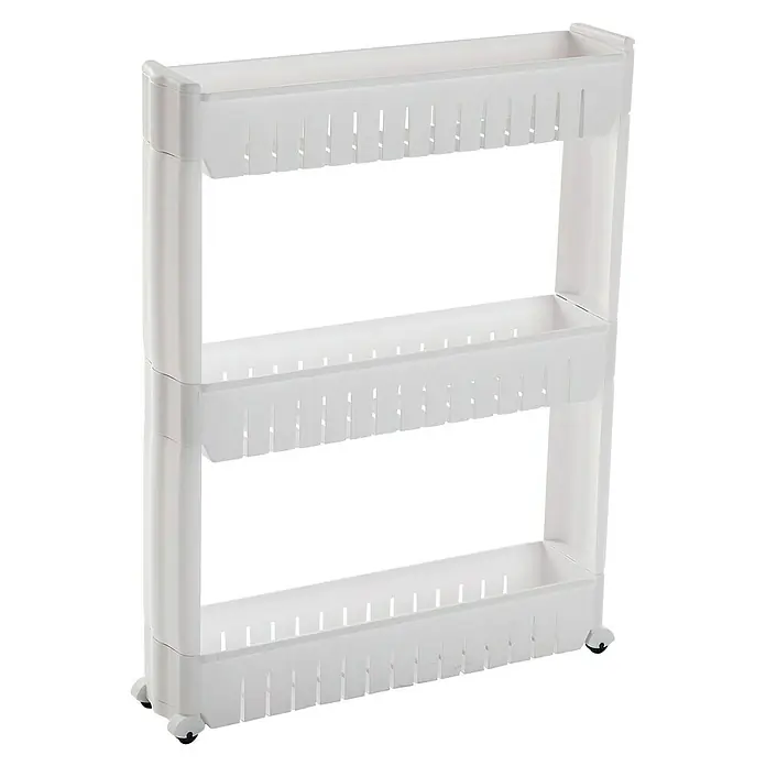 Versa Carro con ruedas multiusos de 3 baldas - L x An x Al: 54 x 12,5 x 71 cm, Termoplástico - Carro de almacenamiento rodante de plástico blanco translúcido de 3 niveles con estantes estrechos y perforados.