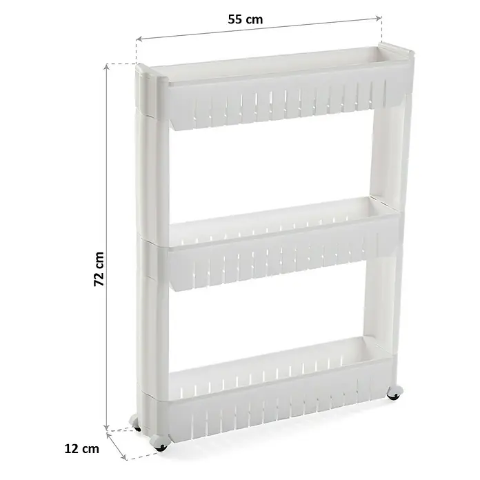 Versa Carro con ruedas multiusos de 3 baldas - L x An x Al: 54 x 12,5 x 71 cm, Termoplástico - Carro de almacenamiento blanco de plástico con 3 niveles y ruedas, 72x55x12 cm, para espacios estrechos.