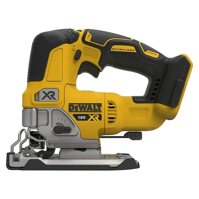 DeWalt XR 18V Sierra de calar a batería con acción pendular DCS334NT - 18 V, Sin batería, Número de carreras marcha en vacío: 3.200 /min - Primer plano de una caladora inalámbrica DeWalt amarilla y negra, ideal para cortar diversos materiales con precisión.