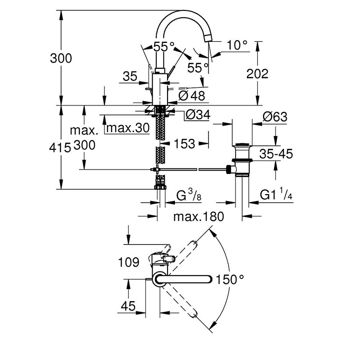 Grohe Eurosmart Cosmopolitan Wastafelkraan L (Afvoer armatuur: 153 mm, Glanzend) | BAUHAUS