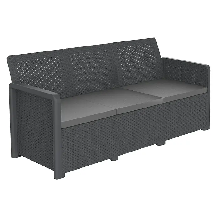 Shaf Conjunto de muebles Maya - 3 pzs., Polipropileno, Negro - Sofá de exterior de ratán gris con cojines grises a juego.