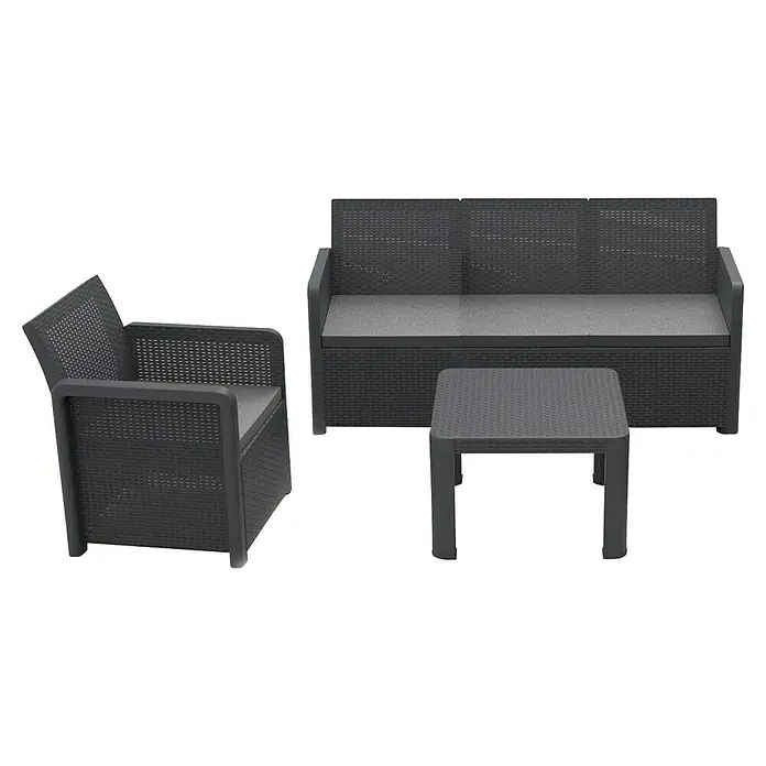 Shaf Conjunto de muebles Maya - 3 pzs., Polipropileno, Negro - Conjunto de muebles de jardín gris oscuro efecto ratán, con sofá de dos plazas, sillón y mesa cuadrada con cojines gris claro.