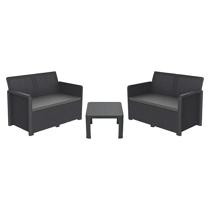 Shaf Conjunto de muebles Maya - 3 pzs., Polipropileno, Negro - Conjunto de salón de exterior gris oscuro estilo ratán con dos sofás pequeños y una mesa, con cojines.