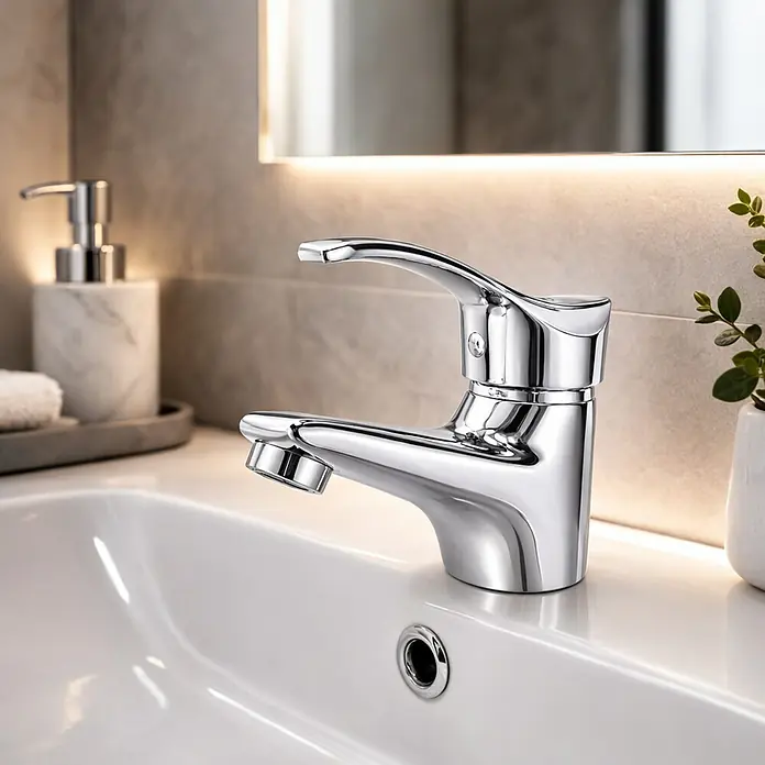Rousseau Nelson Grifo de lavabo - Cromo, Brillante - Grifo de cromo pulido instalado en un lavabo blanco, reflejando la luz ambiental cálida.