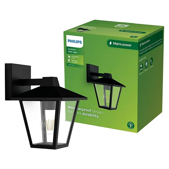 Philips Aplique exterior Kinno - 25 W, L x An x Al: 17 x 21 x 30 cm, Descendente - Un aplique de pared exterior Philips negro con cristal transparente, mostrado con su embalaje verde y blanco.