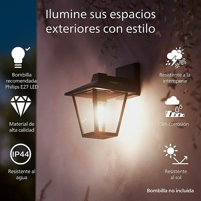 Philips Aplique exterior Kinno - 25 W, L x An x Al: 17 x 21 x 30 cm, Descendente - Un farol de pared exterior negro y clásico con paneles de cristal, montado en una pared.