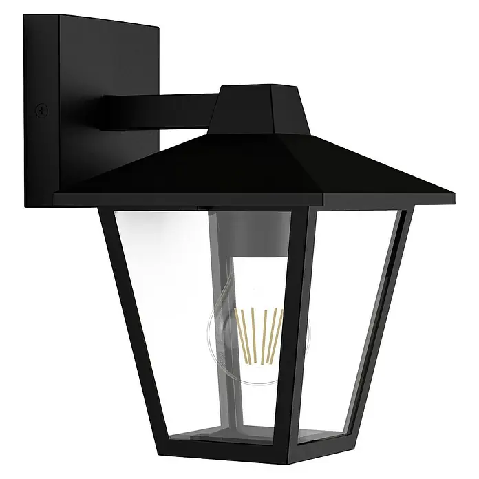 Philips Aplique exterior Kinno - 25 W, L x An x Al: 17 x 21 x 30 cm, Descendente - Aplique de pared exterior de metal negro con paneles de cristal transparente y bombilla LED de filamento.