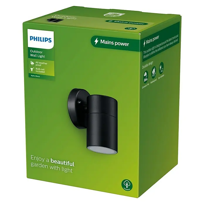 Philips Aplique para exterior LED Kylis - 25 W, L x An x Al: 9 x 7,8 x 11,8 cm, IP44 - Aplique de pared exterior Philips negro en embalaje minorista verde.