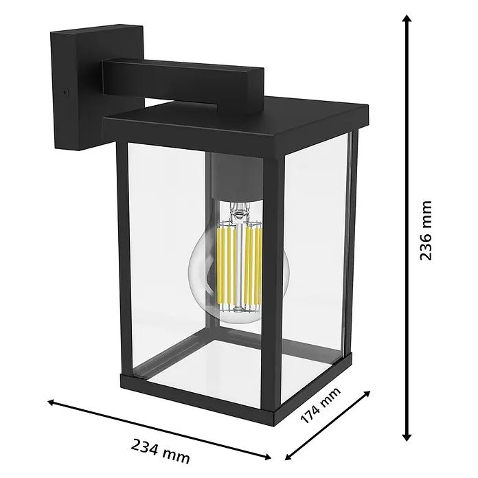 Philips Aplique exterior Bellini - 25 W, L x An x Al: 24 x 28,5 x 32,5 cm, IP44 - Moderna lámpara de pared exterior negra con paneles de vidrio transparente, que aloja una bombilla LED de filamento.