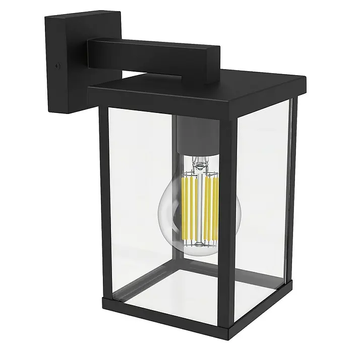 Philips Aplique exterior Bellini - 25 W, L x An x Al: 24 x 28,5 x 32,5 cm, IP44 - Aplique de pared exterior negro moderno con paneles de cristal transparente y bombilla LED expuesta.