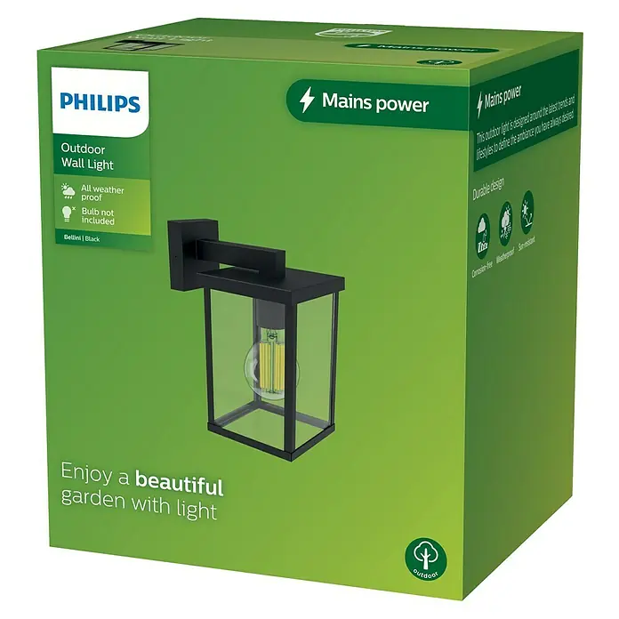 Philips Aplique exterior Bellini - 25 W, L x An x Al: 24 x 28,5 x 32,5 cm, IP44 - Aplique de pared exterior Philips Bellini negro con diseño de farol, mostrado en su embalaje.