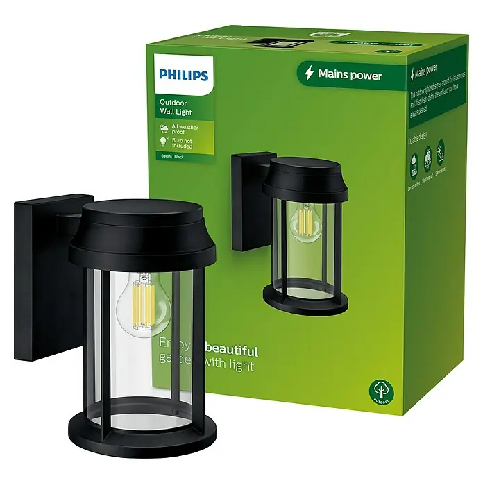 Philips Aplique exterior Bellini - 25 W, L x An x Al: 16,5 x 21,5 x 28 cm, IP44 - Lámpara de pared exterior negra Philips con vidrio transparente y bombilla LED de filamento, junto a su embalaje verde.