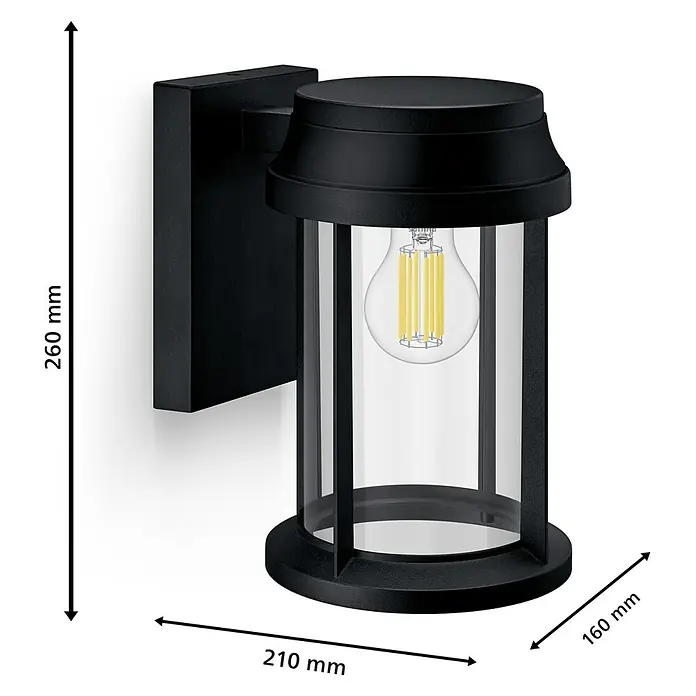 Philips Aplique exterior Bellini - 25 W, L x An x Al: 16,5 x 21,5 x 28 cm, IP44 - Aplique de pared exterior negro con bombilla LED de filamento visible, medidas 260x210x160 mm.