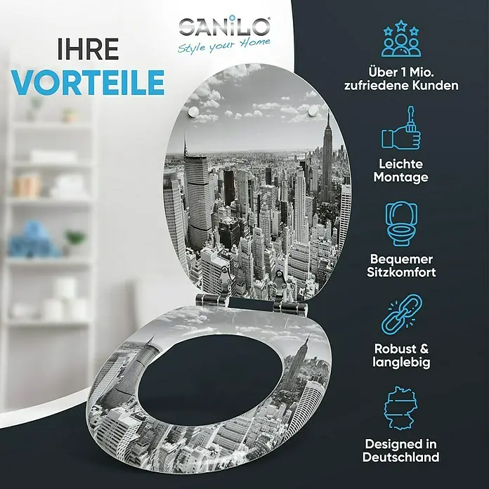 SANILO WC-Sitz Skyline New York mit Absenkautomatik - MDF, Grau, Mit Absenkautomatik