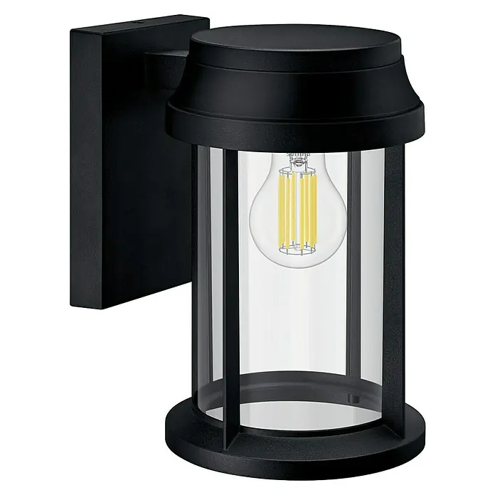 Philips Aplique exterior Bellini - 25 W, L x An x Al: 16,5 x 21,5 x 28 cm, IP44 - Lámpara de pared exterior negra con pantalla de cristal transparente y bombilla LED de filamento expuesta.