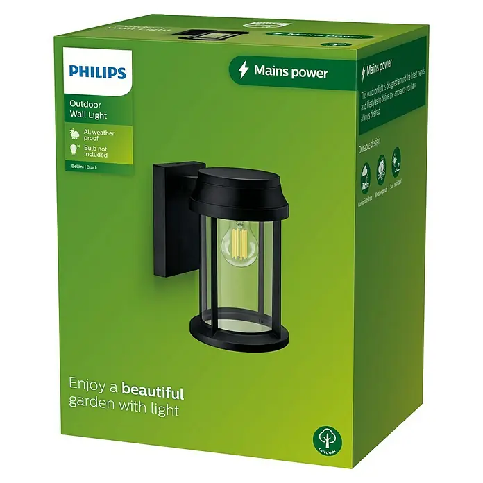 Philips Aplique exterior Bellini - 25 W, L x An x Al: 16,5 x 21,5 x 28 cm, IP44 - Aplique exterior Philips Bellini negro en su embalaje, destacando sus características resistentes y duraderas.