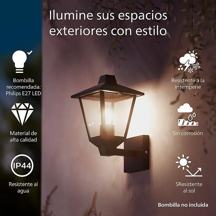Philips Aplique exterior Kinno - 25 W, L x An x Al: 17 x 21 x 30 cm, Ascendente - Farol de pared exterior clásico negro con paneles de vidrio, montado en una pared exterior.