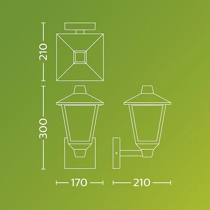 Philips Aplique exterior Kinno - 25 W, L x An x Al: 17 x 21 x 30 cm, Ascendente - Dibujo técnico de una farola de pared exterior tipo linterna, mostrando altura 300mm, ancho 170mm y profundidad 210mm.