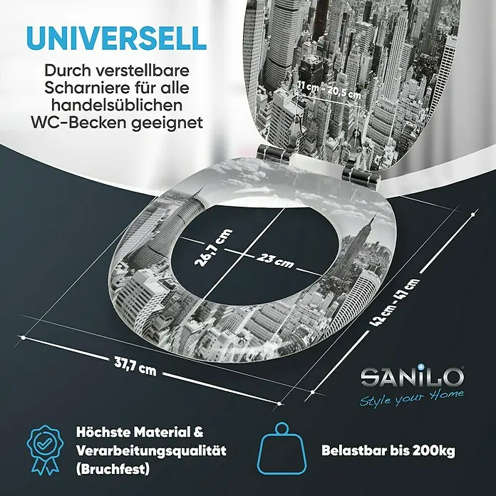 SANILO WC-Sitz Skyline New York mit Absenkautomatik - MDF, Grau, Mit Absenkautomatik