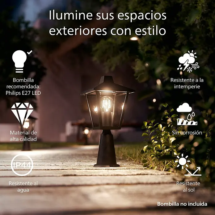 Philips Sobremuro exterior Kinno - 25 W, Color del marco: Negro, 17 x 17 x 39 cm, Sin bombillas - Farol de exterior negro con paneles de cristal y bombilla LED iluminada, en jardín de noche.