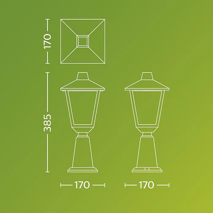 Philips Sobremuro exterior Kinno - 25 W, Color del marco: Negro, 17 x 17 x 39 cm, Sin bombillas - Dibujo dimensional de una lámpara exterior tipo farol, altura 385, ancho 170.